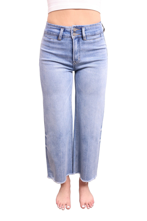 High-Rise Tummy Control Cropped Raw Hem Wide Leg Jeans