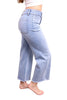 Ava Lane Boutique light wash cropped wide leg jeans with tummy control and raw hem.