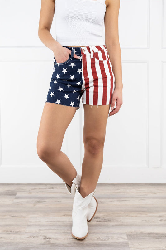 The Liberty from Judy Blue: High-Rise Americana Flag Fray Hem Denim Shorts