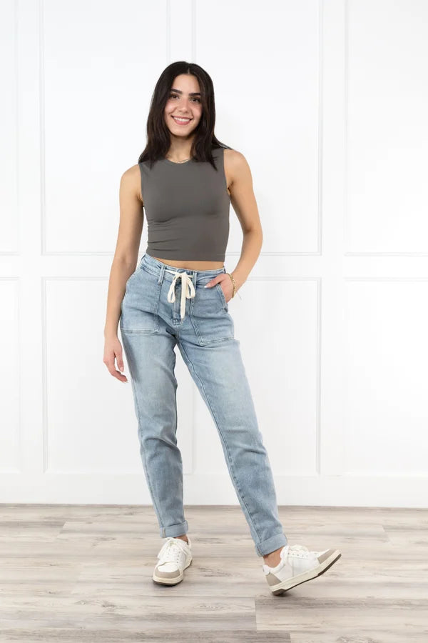 The Tinsley from Judy Blue: High-Rise Vintage Double Cuff Denim Jogger